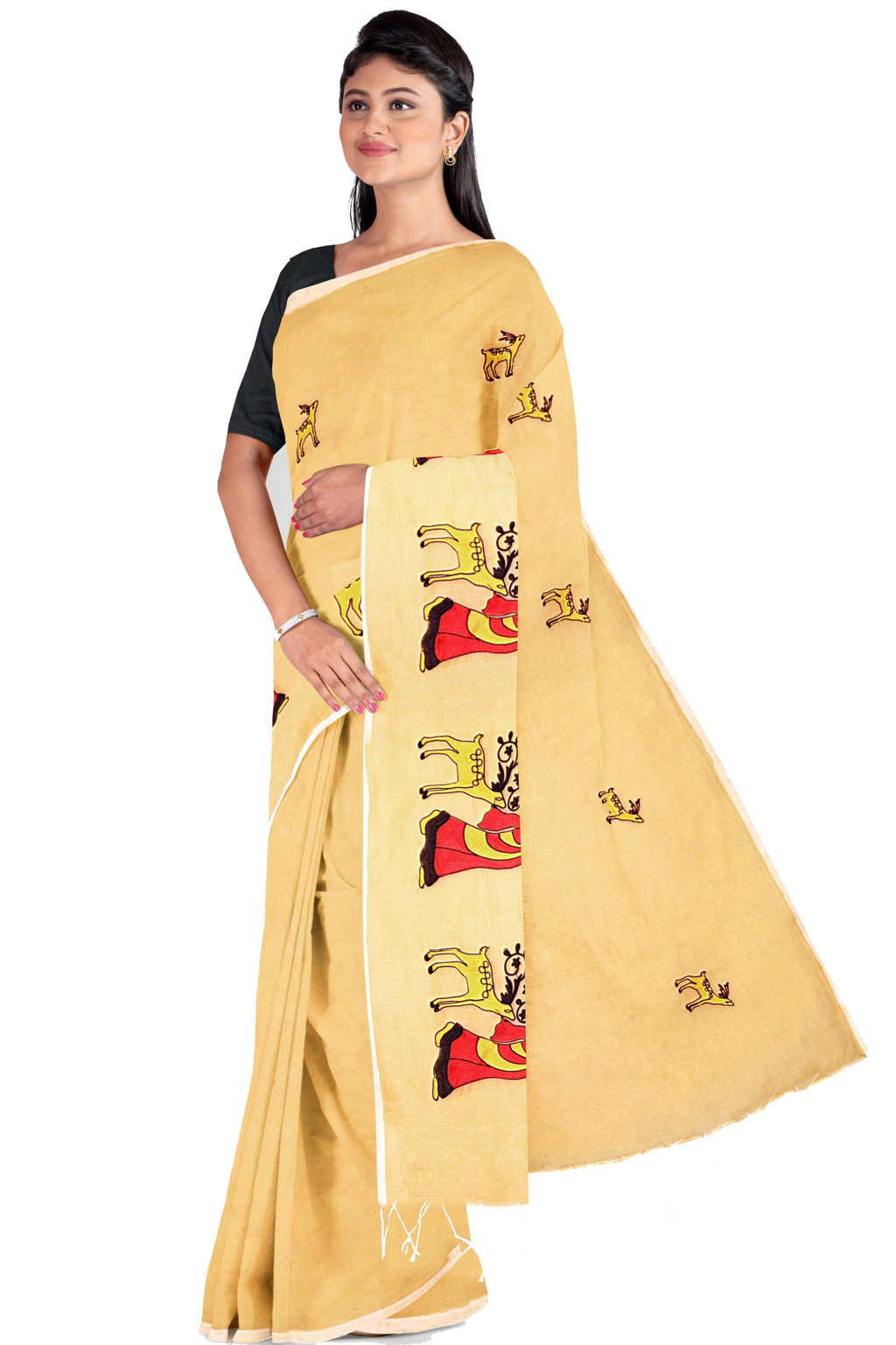 Cream Pure Cotton Urbasi Hand Hand Loom Saree (1118)